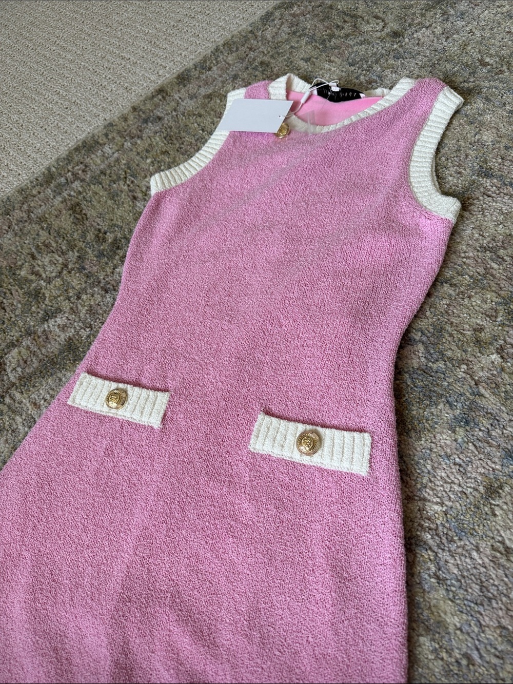 Pink Sleeveless Knit Dress with Cream Trim - Picture 5 of 5